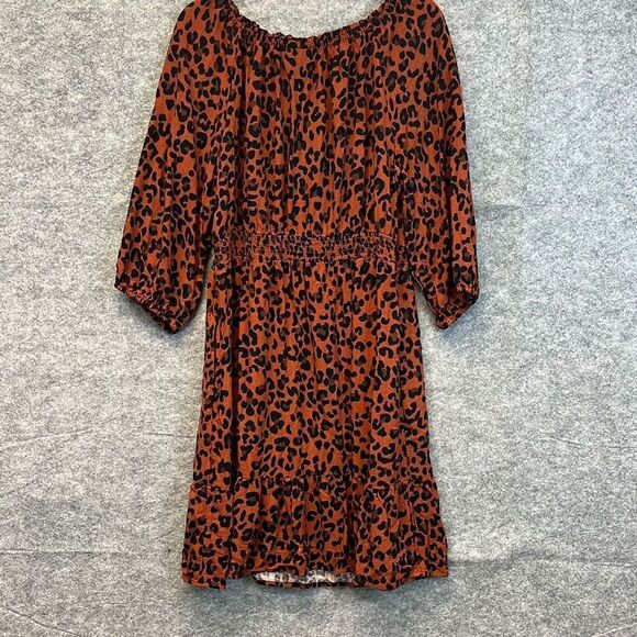 KNOX ROSE Dress Size Large Smocked Elastic Waist Animal Print Rust Large Fall - Picture 10 of 14